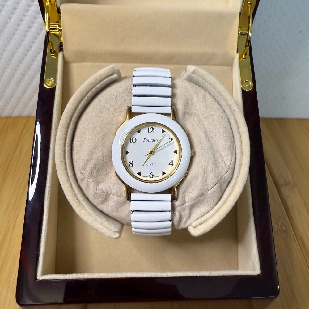 Vintage Solitaire White/Gold Stretch Metal Ladies' Watch, 36mm